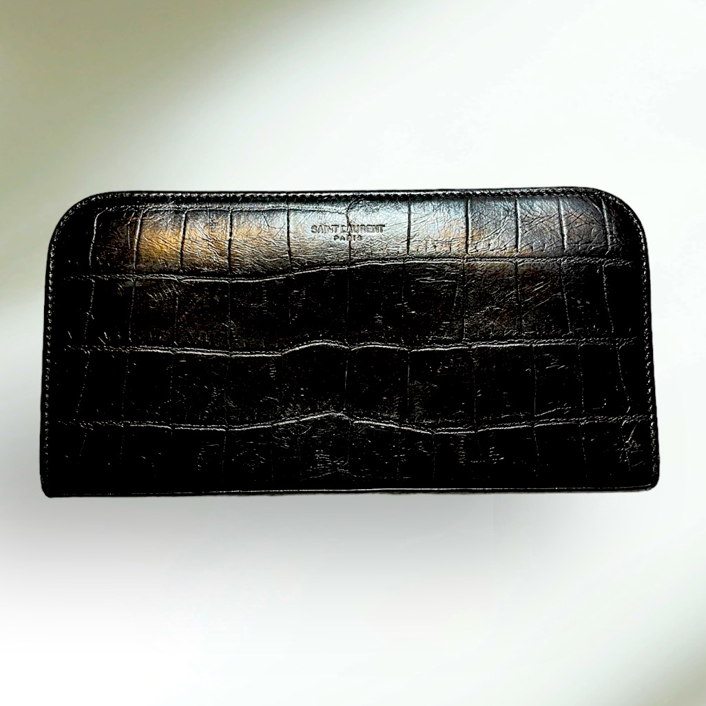 Saint Laurent Croc Embossed Black Zippy Wallet Ysl